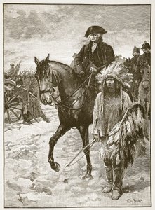 デラウェアを渡るワシントン、1776年、「カッセルの図解されたイングランドの歴史」（セピア写真）のイラスト 作： Walter Stanley Paget